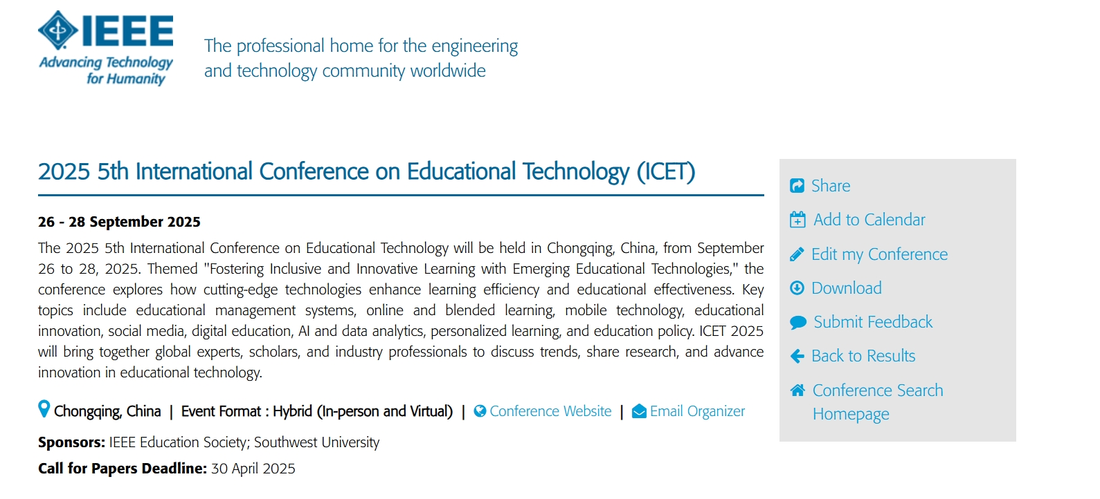 ICET 2025 IEEE Conference List Screenshot